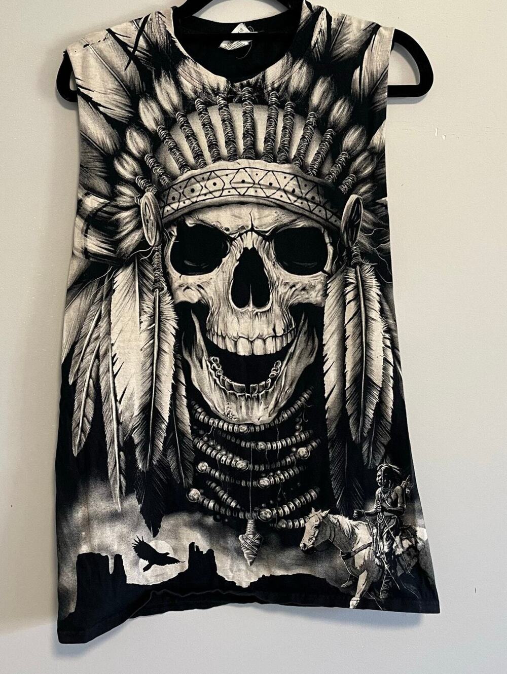 Y2K Native American Skull All Over Print Cut T-Shirt Size M Black
